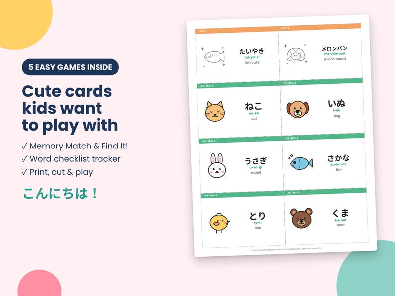 Japanese Flashcards for Kids, 40 Printable Vocabulary Cards, Learn Hiragana Words, Bilingual Homeschool PDF image 3