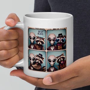 Funny Raccoon and Alien UFO Mug Cute Animal Space 20 oz Mug Hilarious Photo Booth Graphic Coffee Cup Gift for Space Lovers
