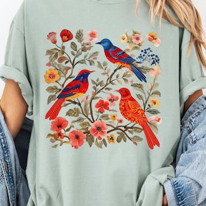 Cottagecore Birds and Flowers T-Shirt, Folk Art Tee for Nature Lovers, Plus Sizes & Oversized Comfort Colors Botanic Graphic Tee