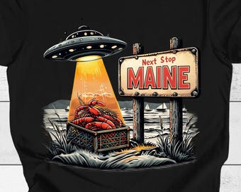 Retro UFO Lobster Shirt Maine Alien Abduction Tee Funny Coastal New England Graphic