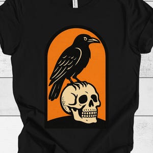 Vintage Halloween Raven Skull Shirt, Retro Gothic T-Shirt, Spooky Raven Graphic Tee, Witchy Skull Top, Creepy Raven Costume Shirt