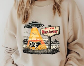 UFO Cow Abduction Sweatshirt, Alien Farm Graphic Crewneck