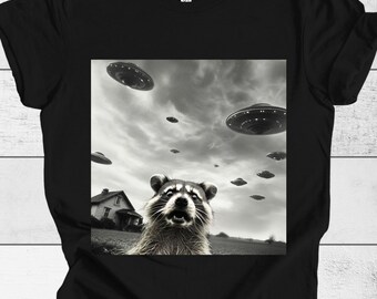 Funny UFO Raccoon T-Shirt, Alien Abduction Tee, Space Raccoon Shirt, Cool Alien Graphic Shirt, Gift for Men Women, Unisex Jersey Tee