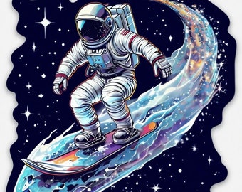 Retro Astronaut Snowboarding Sticker: Cosmic Stardust Vinyl Decal