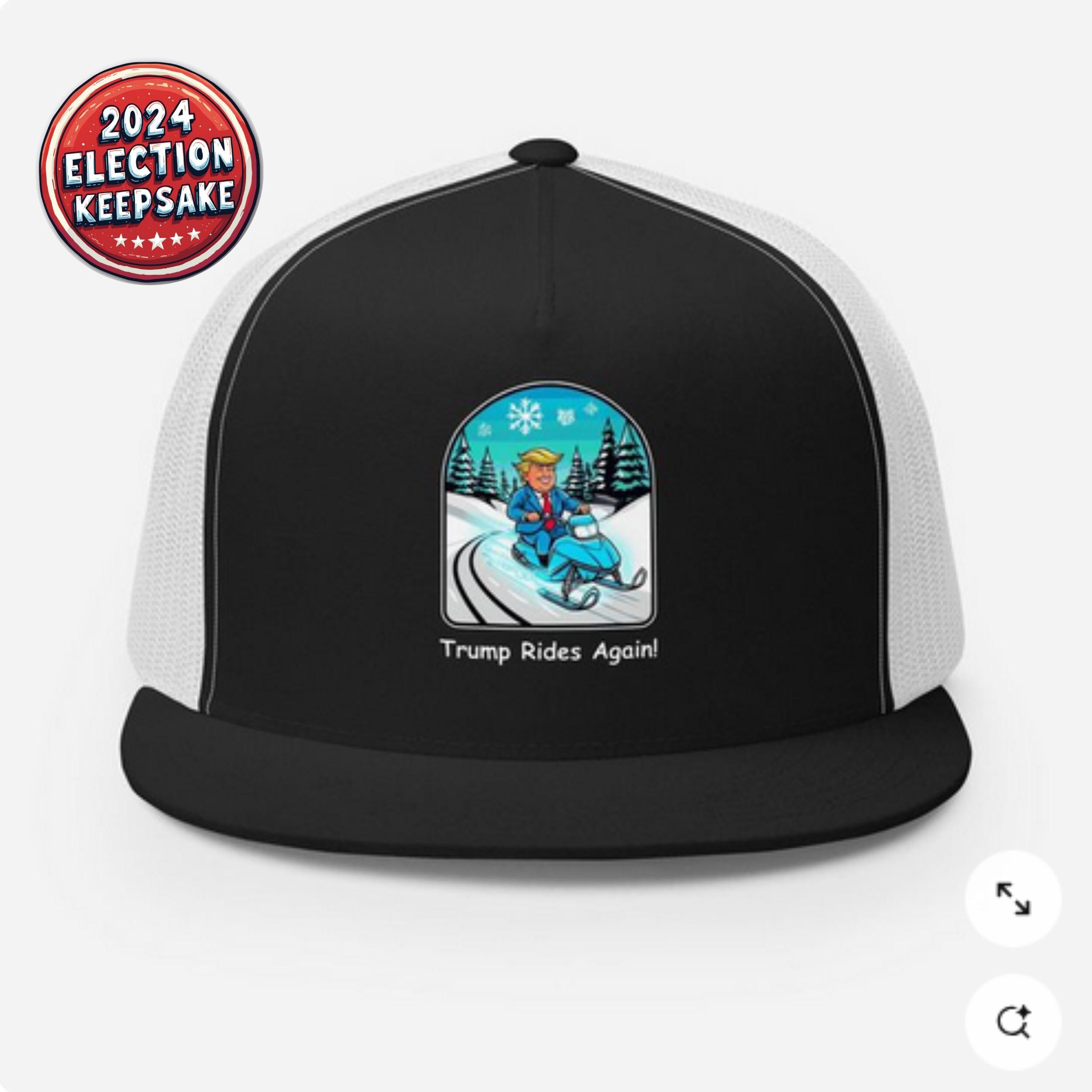 Trump Snowmobile Trucker Hat | Funny Retro Cartoon Cap for Political Humor & Supporters | Election Gift Idea