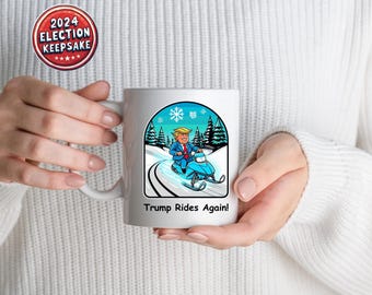 Funny Trump Snowmobile Ceramic Mug - Retro Cartoon Political Humor Gift for Inauguration Trump Supporters, 11oz & 15oz Options