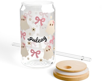 Gepersonaliseerde Ghost Cup, glazen drinkbeker van 473 ml met bamboe deksel, Coquette Bow Design