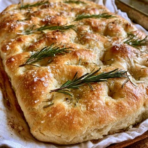 May include: A rectangular loaf of golden-brown focaccia bread topped with fresh green rosemary sprigs and coarse sea salt crystals. The surface of the bread features characteristic dimples and a baked, slightly crisp texture.