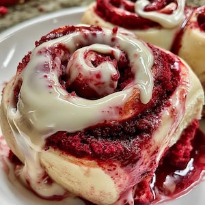 Op de afbeelding: Een red velvet kaneelbroodje in spiraalvorm, met een dieprode deegkern en een dikke, glanzende witte roomkaasglazuur die over de bovenkant is gedruppeld. Het gebak ligt op een wit bord met zichtbare rode kruimels.