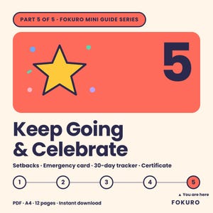 Könnte beinhalten: Ein digitales Leitfaden-Cover mit dem Titel Part 5 of 5 Fokuro Mini Guide Series. Es zeigt eine große Zahl 5, einen gelben Stern und den Text Keep Going & Celebrate. Darunter stehen Setbacks, Emergency card, 30-day tracker, Certificate und eine Leiste.