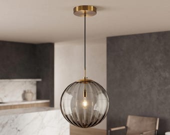 Ribbed Glass Globe Pendant Light,  Cluster Chandelier,  Mid-Century Fixture