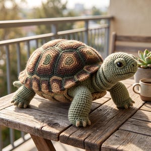 May include: A crocheted turtle toy featuring a textured shell in shades of brown, tan, and olive green. The body is crafted from light green yarn with visible stitching, dark round eyes, and small claws on each of the four feet.