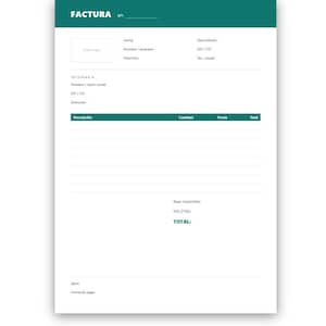 Puede incluir: Una plantilla de factura blanca con un encabezado verde azulado oscuro con el texto FACTURA. El documento incluye campos para fecha, datos de empresa, facturación, una tabla para descripción, cantidad, precio, total e impuestos.