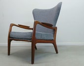 Mid century modern Adrian Pearsall Craft Associates 2291-C walnut framed high back grey tweed high back lounge chair
