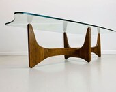 Adrian Pearsall 2399TC stingray glass coffee table with walnut arch 4 point base