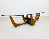 mid century modern Kroehler oval glass coffee table with organic walnut base and planter in the manner of Adrian Pearsall