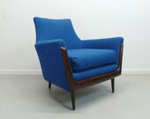 mid century modern Adrian Pearsall style low lounge chair with blue tweed upholstery