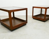 mid century modern walnut framed Lane 2 tier tinted glass side end tables
