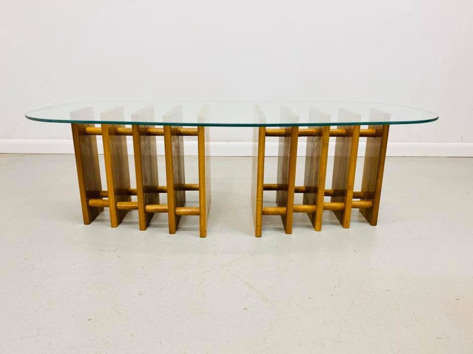 Mid century modern oval glass coffee table with ribbed walnut Etsy