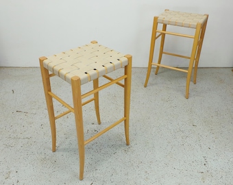 pair Italian modern natural oak cotton weave strap bar height stools FREE SHIPPING