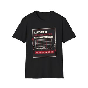 Camiseta de luthier, presente para construtor de guitarras, camiseta com estampa de anotações de bancada de luthier, camiseta para oficina de reparo de instrumentos.