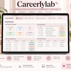 May include: A digital job search dashboard displayed on a laptop screen titled Careerlylab, featuring sections for job search overview, upcoming tasks, recent applications, and next interviews with colour-coded status labels and organised data tables.