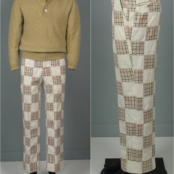 Vintage Mens 1970s Trousers -- Preppy Indian Madras Patchwork Pants -- Lightweight Cotton Pants 36" waist