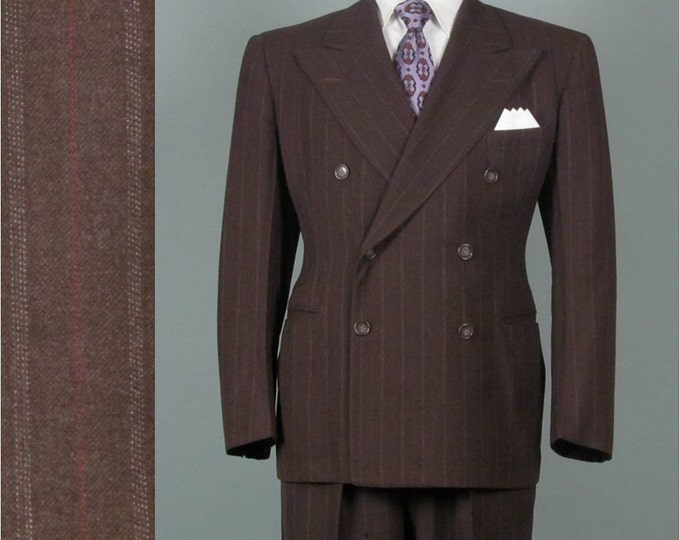 Vintage 1940s Mens Suit 1941 Brown W Pinstriping Wool Peaked Lapel