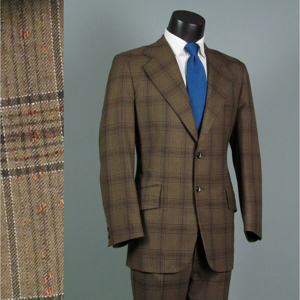 Vintage Mens Suit 1970s Brown Plaid AMERICAN MOD Wool Two Piece Mens Vintage Suit 42 44