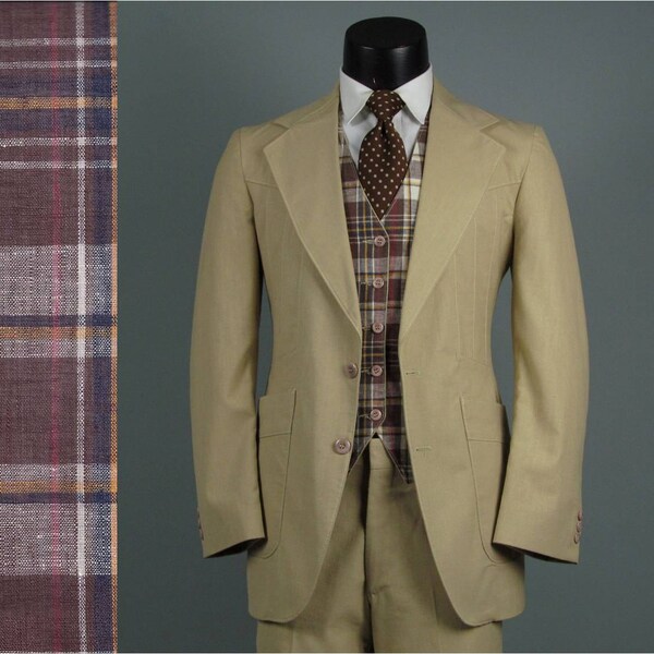 Vintage Mens Suit 1970s REVERSIBLE PLAID VEST Tan 3 Three Piece Mens Vintage Suit 41 43