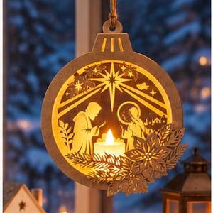 May include: A circular wooden hanging ornament featuring a laser-cut nativity scene with a central star, two figures, and a glowing LED candle. The ornament is decorated with wooden poinsettia flowers and foliage, suspended by a rustic twine string.