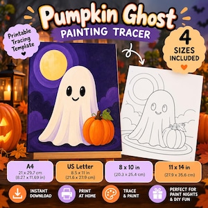 May include: A Pumpkin Ghost painting tracer template featuring a white ghost and orange pumpkin against a purple night sky with a yellow moon. Includes four sizes: A4, US Letter 8.5 x 11 inches, 8 x 10 inches, and 11 x 14 inches.