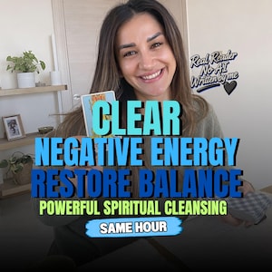Peut inclure: Une carte de tarot tenue en main avec le texte superposé CLEAR NEGATIVE ENERGY RESTORE BALANCE POWERFUL SPIRITUAL CLEANSING SAME HOUR et Real Reader No AI Written by me. La carte représente une silhouette en robe jaune tenant un bâton.