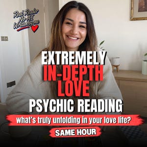 May include: A person with long brown hair wearing a cream-colored sweater. Text overlay reads: Real Reader No AI Written by me, EXTREMELY IN-DEPTH LOVE PSYCHIC READING, what's truly unfolding in your love life?, SAME HOUR. Tarot cards are visible on the table.