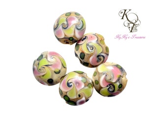 Lampwork Beads, Pink Green Yellow Beads, Colorful Beads, Glass Lampwork Beads, Chunky Beads, Disc Beads, 5 Pieces 19mm