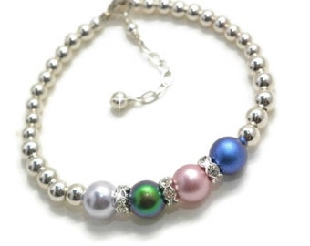 Sterling Silver Pearl Birthstone Bracelet, Mother Bracelet, Mom Christmas Gift, Womens Jewelry Bracelets, Mom Grandmother Gift Ideas for Her