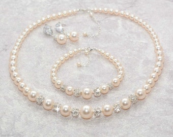 Pearl Wedding Jewelry for Brides, Pearl Bridal Jewelry Set Necklace Bracelet Earrings, Pearl and Rhinestone Jewelry for Bride on Wedding Day