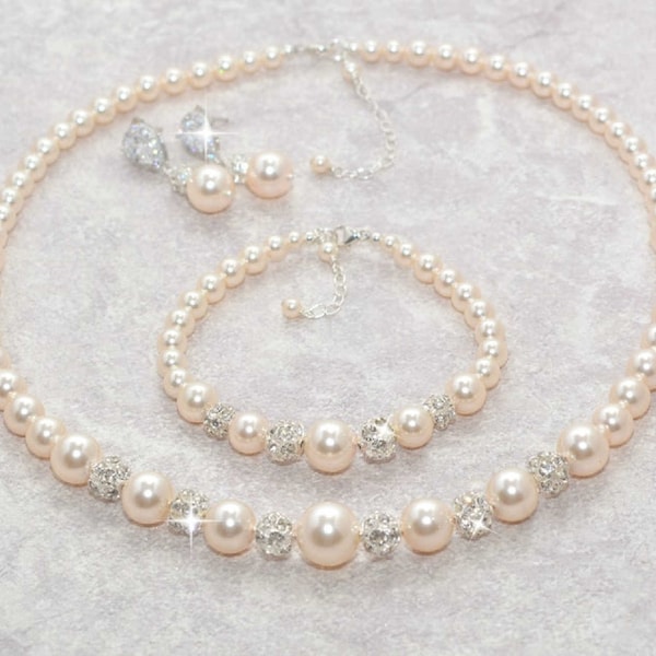 Handmade Pink Cream Pearl Crystal Jewelry Set – Necklace, Bracelet, Earrings For Wedding