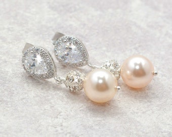Cubic Zirconia Teardrop Earrings, Womens Pearl and Rhinestone Earrings for Bride Silver, Wedding Day Jewelry, Pearl Dangle Earrings Dainty