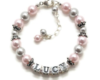 Baby Name Bracelet Pearl STERLING SILVER, Personalized Little Girl Gifts, Toddler Girl Bracelet with Name, First Birthday Gift Girls Jewelry