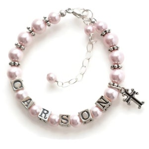 Christening Gifts Baby Girl Bracelet Pink Baby Bracelet Girl Baptism Gift Pearl Bracelet Religious Baby Gift Baby Bracelet with Cross