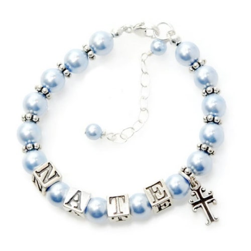 Baby Boy Baptism Bracelet Personalized Baby Boy Gift Blue Etsy