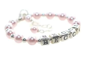 Baby Bracelet, Personalized with Name, Little Girl Gifts, STERLING SILVER, Baby Shower Gifts, Pearl Toddler Bracelet Infant Girl Bracelet