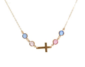 Birthstone Necklace Gold Filled Sideways Cross Necklace Gold Grandma Necklace Family Birthstone Necklace Mom Christmas Gift for Grandmother