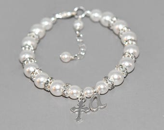 Baby Dedication Gift, Personalized Kids Bracelet, Holy Communion, Pearl with Sterling Silver Cross, Christening Gift Girl