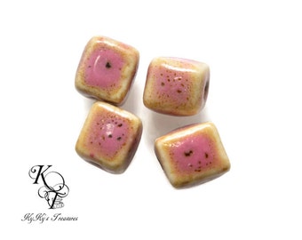 Porcelain Beads, 2 Pieces Glazed Porcelain Beads, Pink Beads, Cube Beads, Square Beads, Ceramic Beads, Pink Porcelain Beads, Pink and Brown
