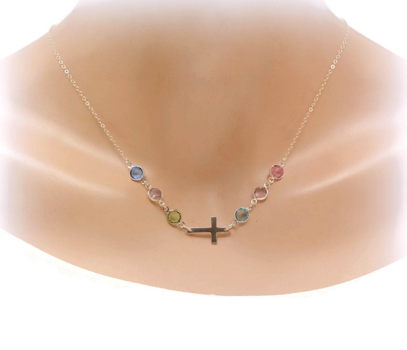 Birthstone Necklace for Mom Sterling Silver Cross Necklace Etsy
