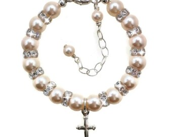 Christening Gifts Baby Bracelet Baptism Baptism Bracelet Baptism Cross Christening Bracelet Baptism Gift Pearl Baby Bracelet Religious