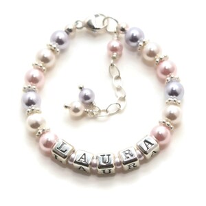 Pink Baby Bracelet with Name, Little Girl Gifts Personalized, STERLING SILVER Bracelet Girl, Pink and Purple Bracelet, Pink Pearl Bracelet
