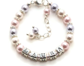 Pink Baby Bracelet with Name, Little Girl Gifts Personalized, STERLING SILVER Bracelet Girl, Pink and Purple Bracelet, Pink Pearl Bracelet